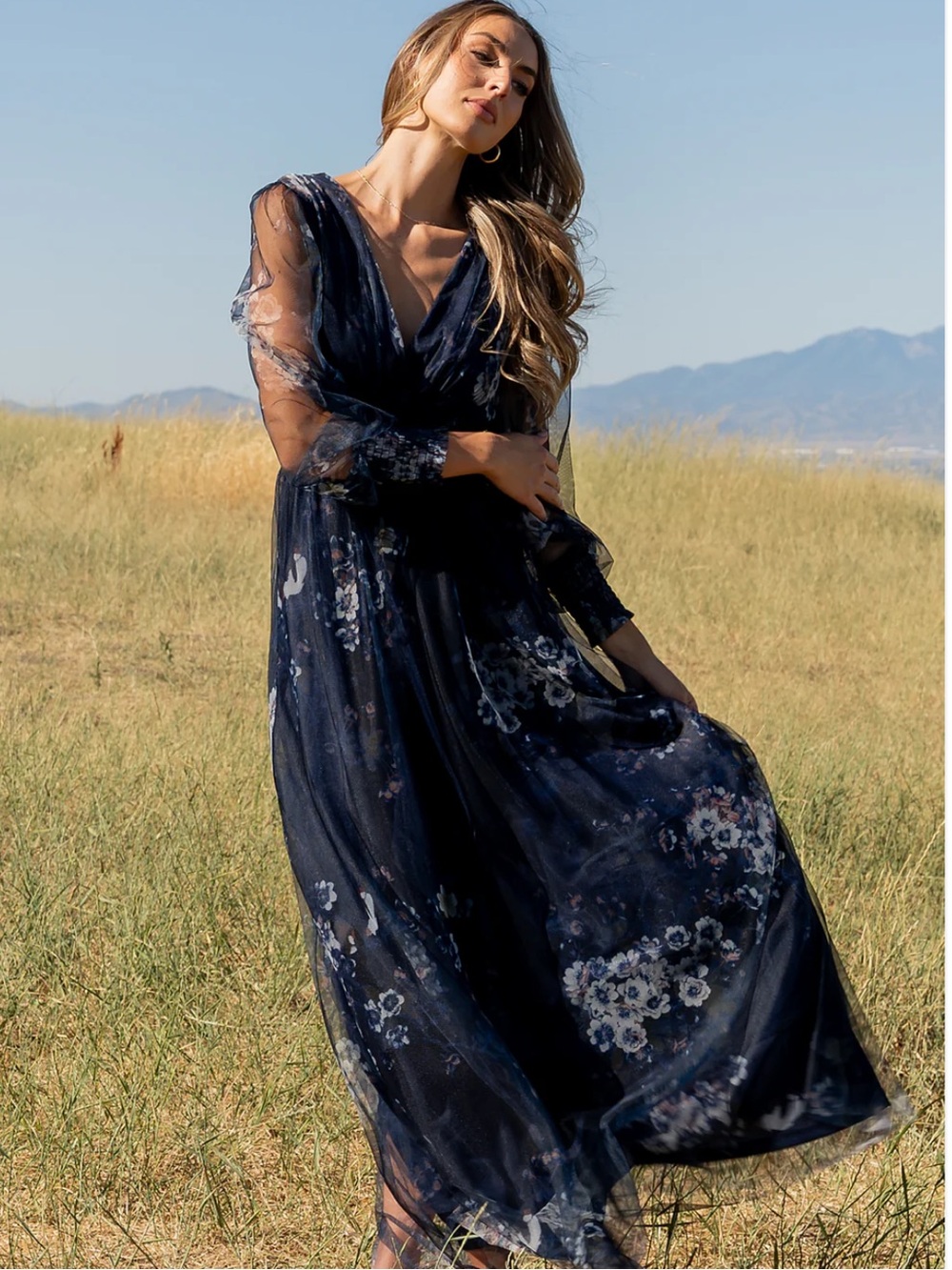 Baltic Born Layla Tulle Navy Sheer-Sleeve Maxi Dress